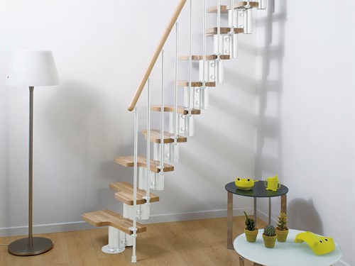 Escalier gain de place polyvalent Pixima acier blanc et bois d'hêtre clair