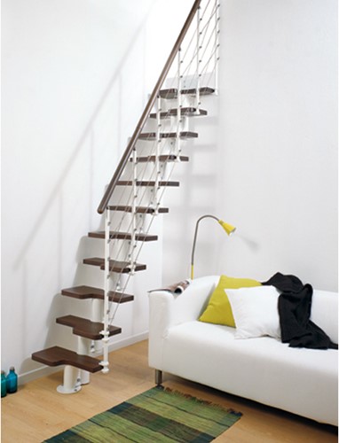 Escalier gain de place polyvalent Pixima blanc cable acier et bois d'hêtre foncé