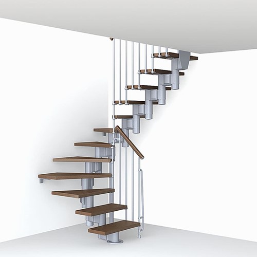 Escalier double quart tournant gain de place Berlin 74 cm - métal gris avec marches en bois de hêtre foncé
